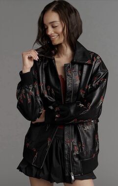 Anthropologie Maeve Bomber Jacket Faux Leather Floral Embroidered Boho Large NWT
